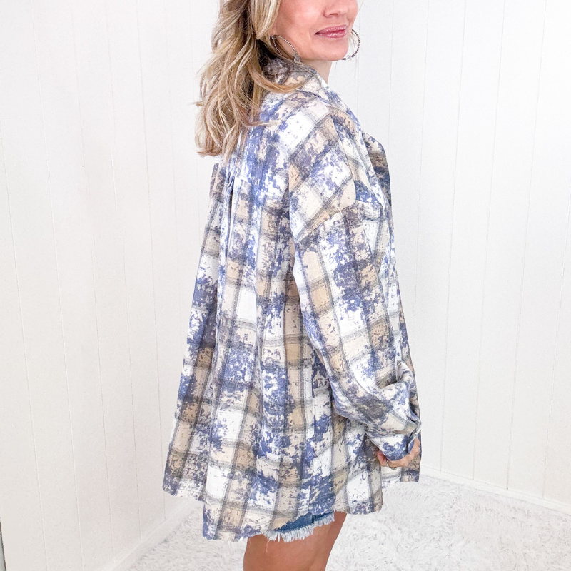 Blue Horizons Boyfriend Washed Plaid Frayed Hem Button Up Top