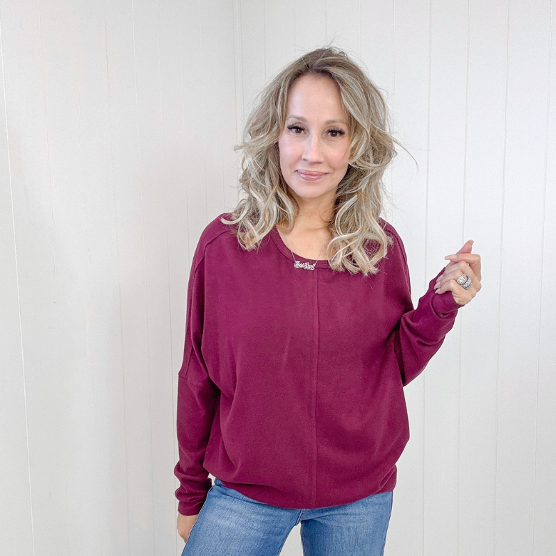 Burgundy Brushed Knit Dolman Sleeve Pullover