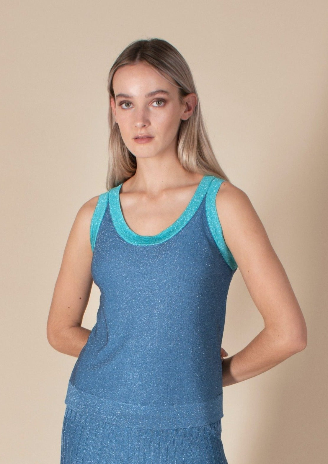 Carpi blue with aqua trim lurex tank