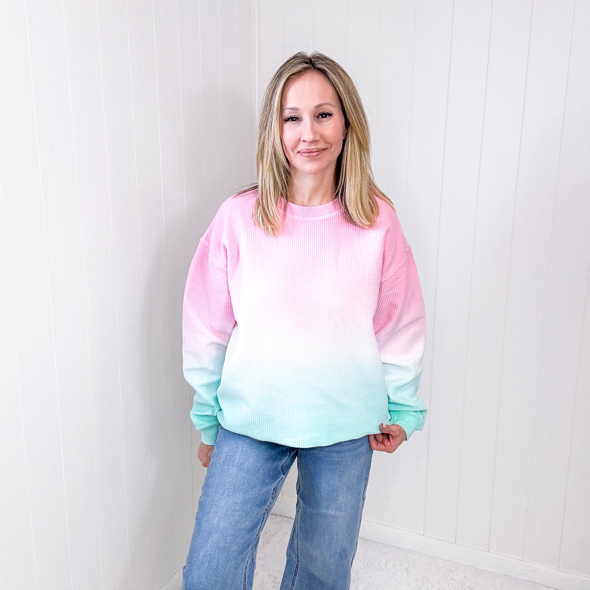 Cotton Candy Pink and Mint Ombre Luxe Soft Corded Pullover