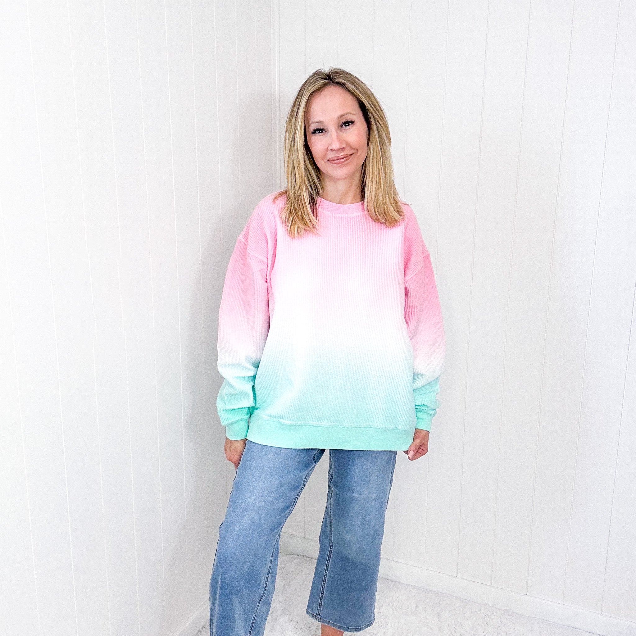 Cotton Candy Pink and Mint Ombre Luxe Soft Corded Pullover