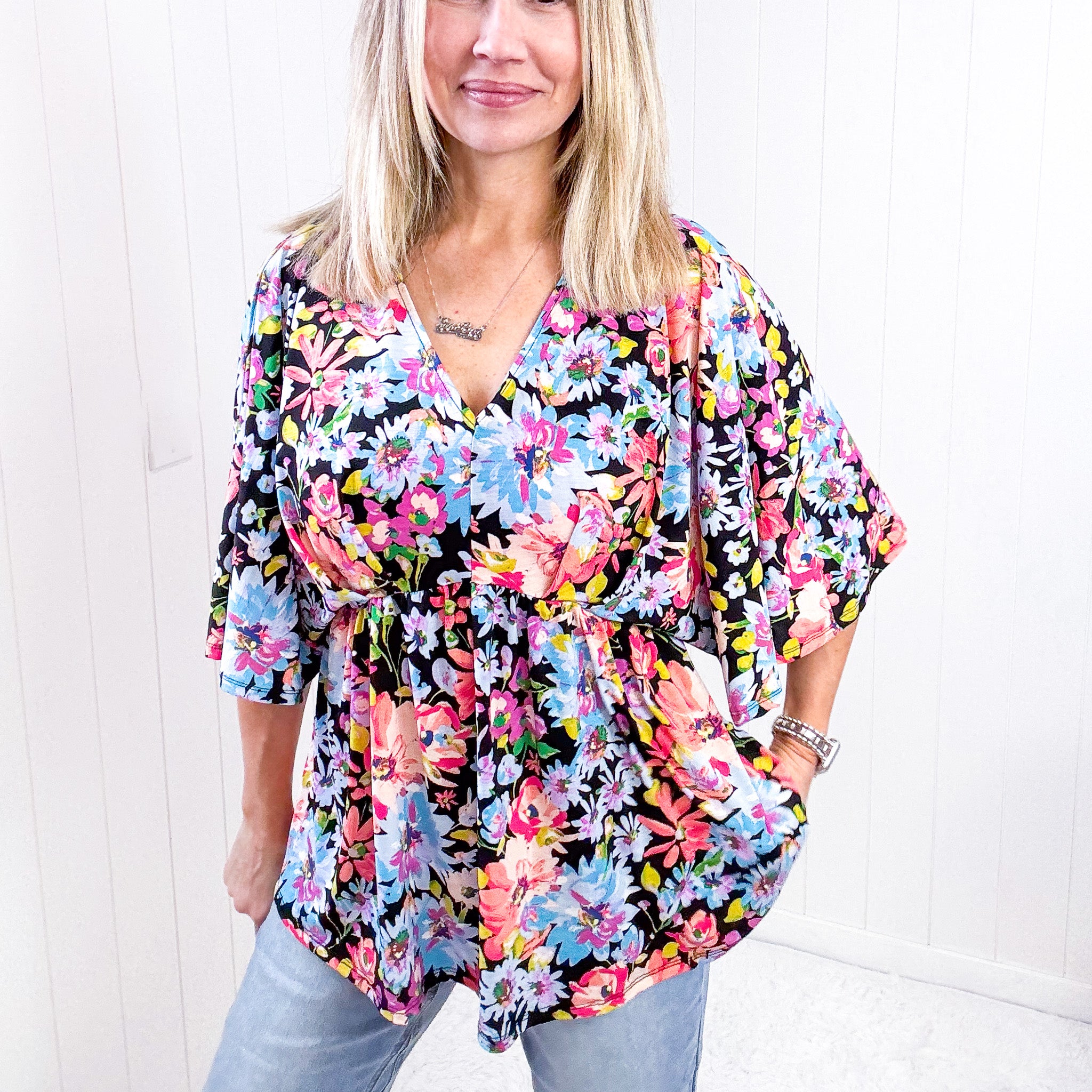 Dear Scarlett Dreamer Peplum Top in Black Multi Floral