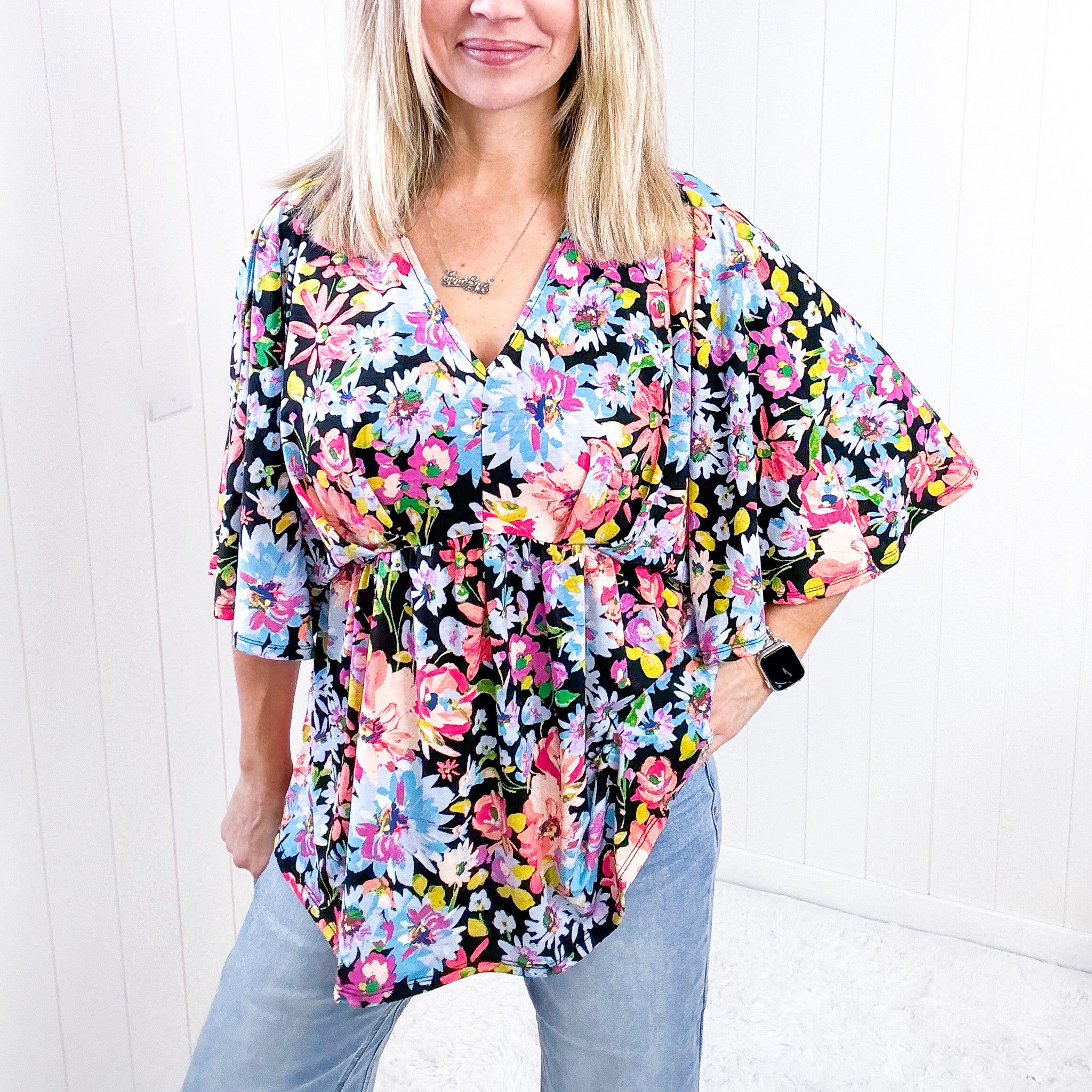 Dear Scarlett Dreamer Peplum Top in Black Multi Floral