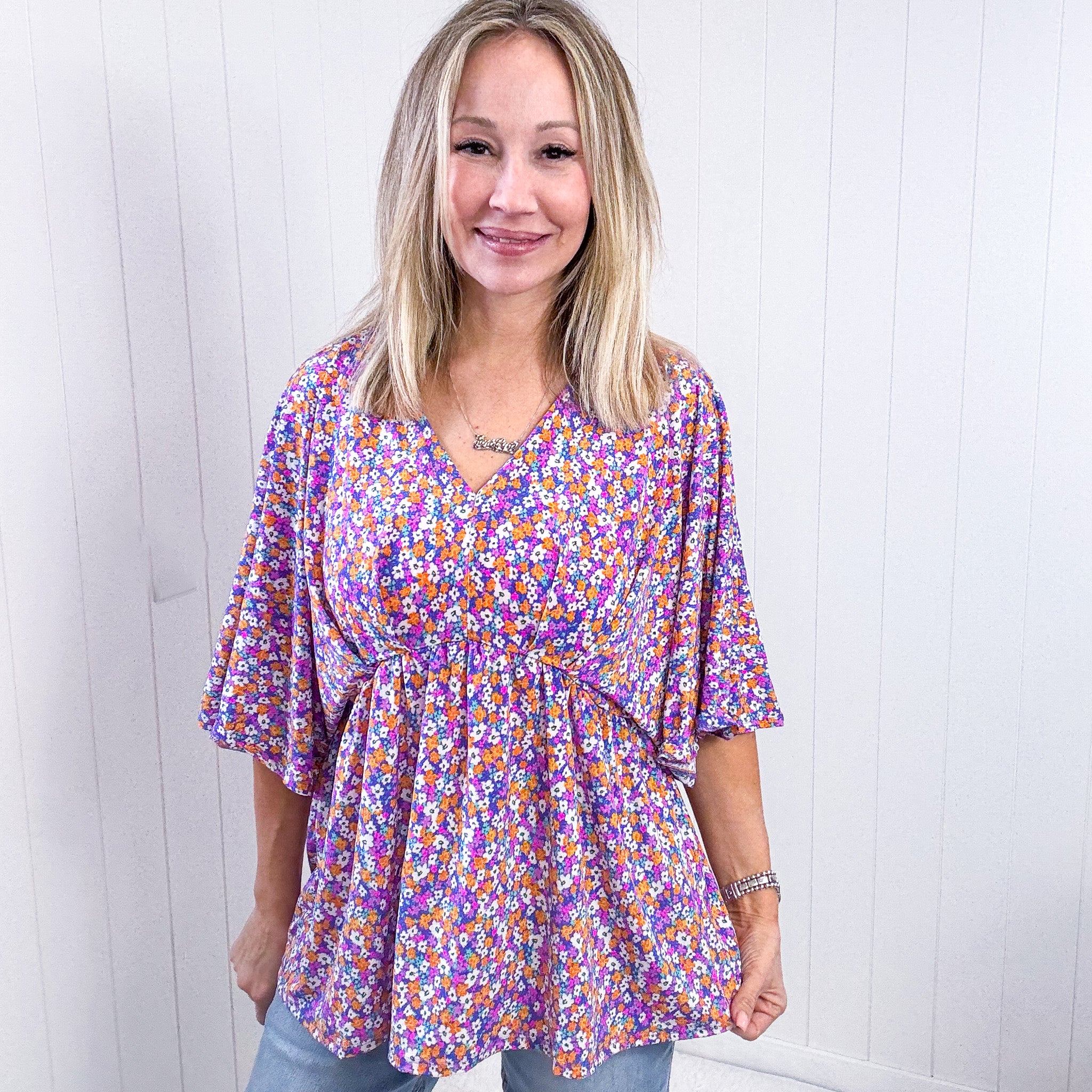 Dear Scarlett Dreamer Peplum Top in Purple Retro Ditsy Floral