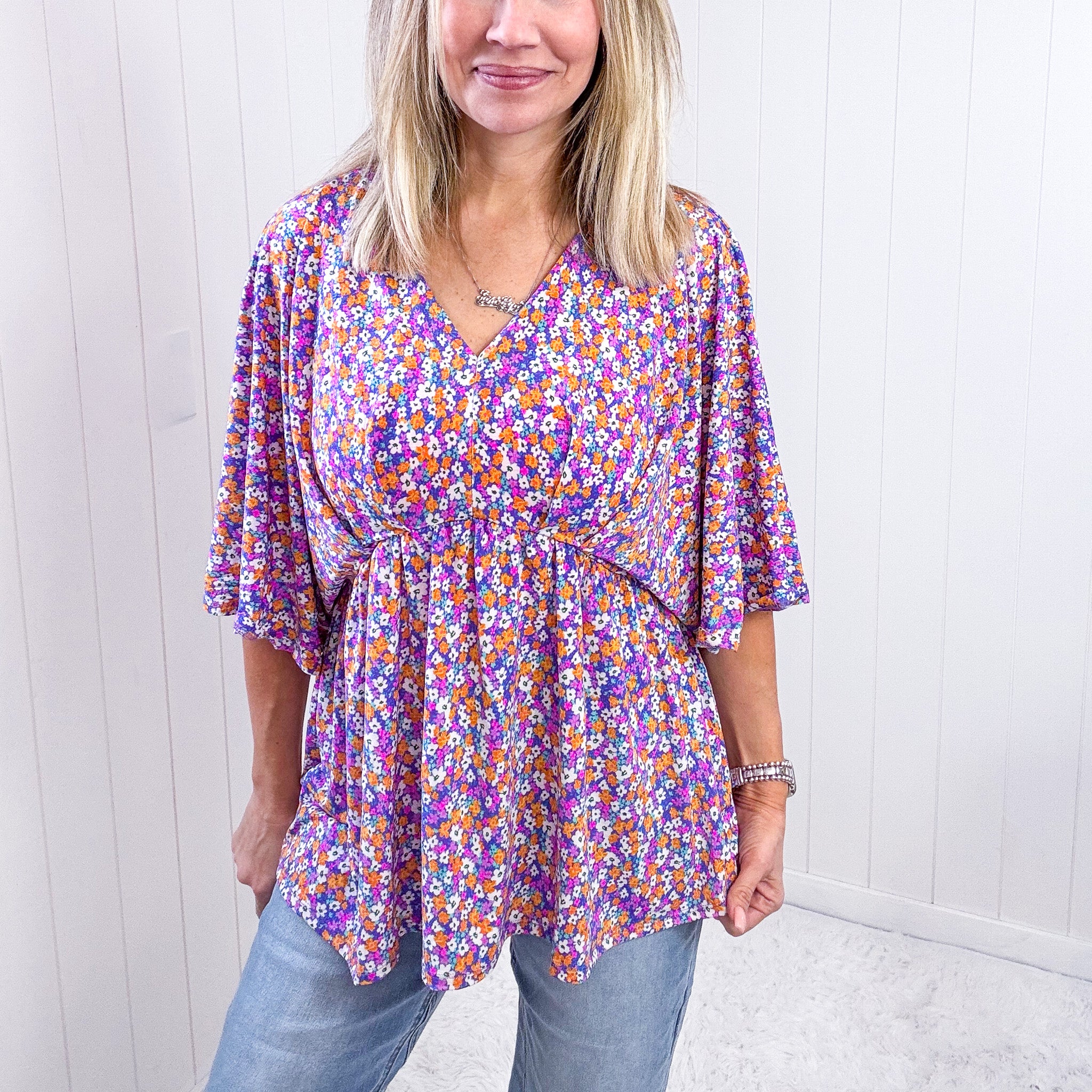 Dear Scarlett Dreamer Peplum Top in Purple Retro Ditsy Floral