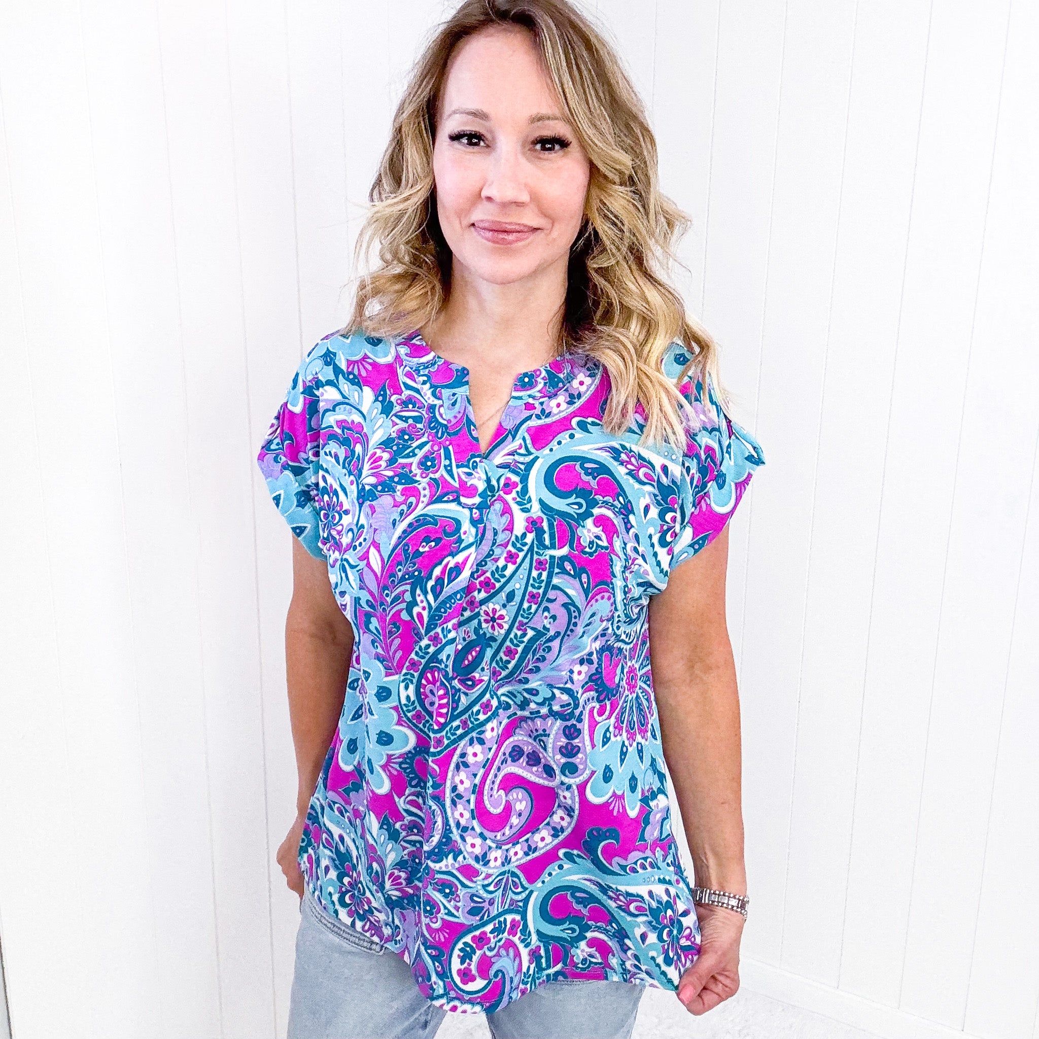 Dear Scarlett Lizzy Cap Sleeve Top in Magenta and Teal Paisley