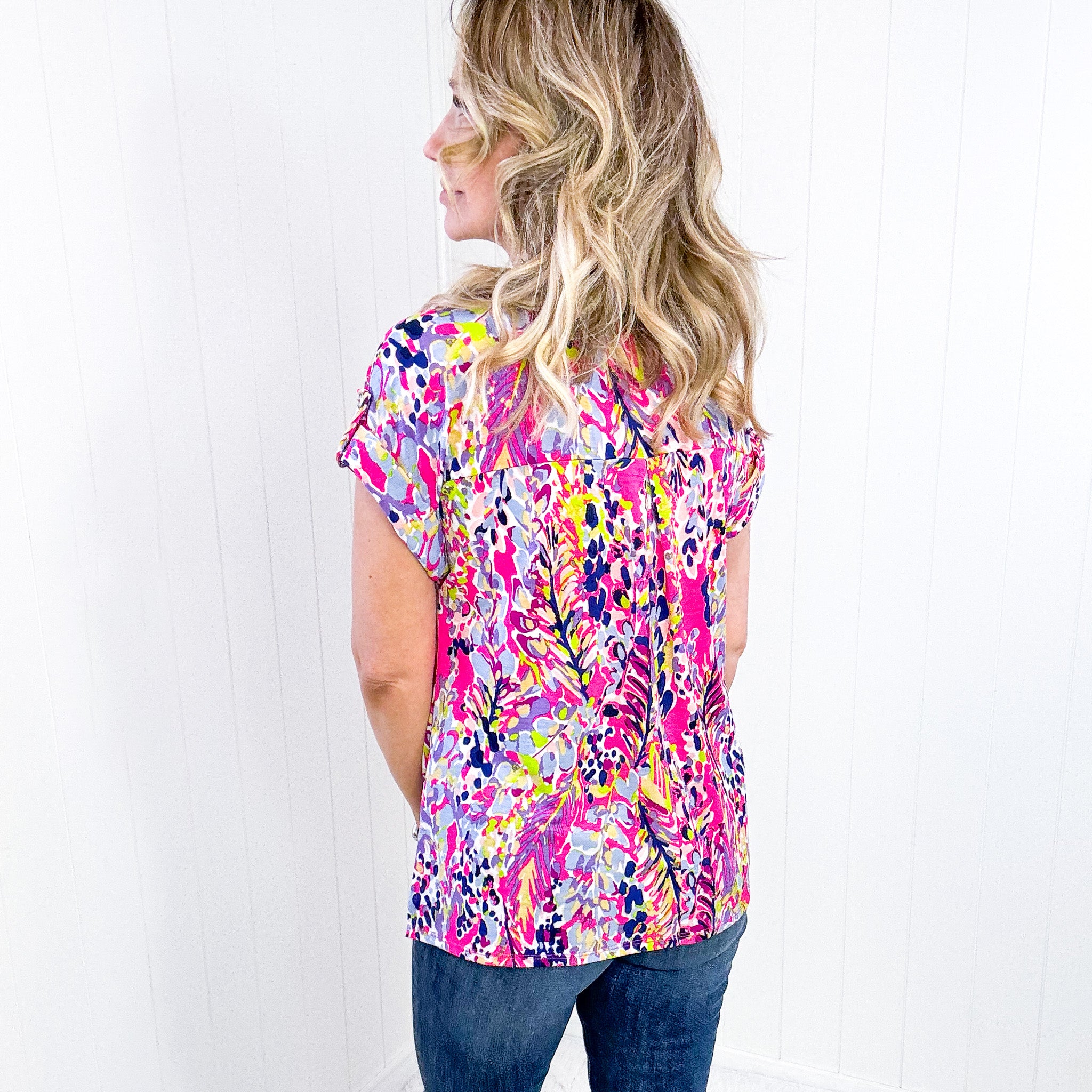 Dear Scarlett Lizzy Cap Sleeve Top in Pink Abstract Floral