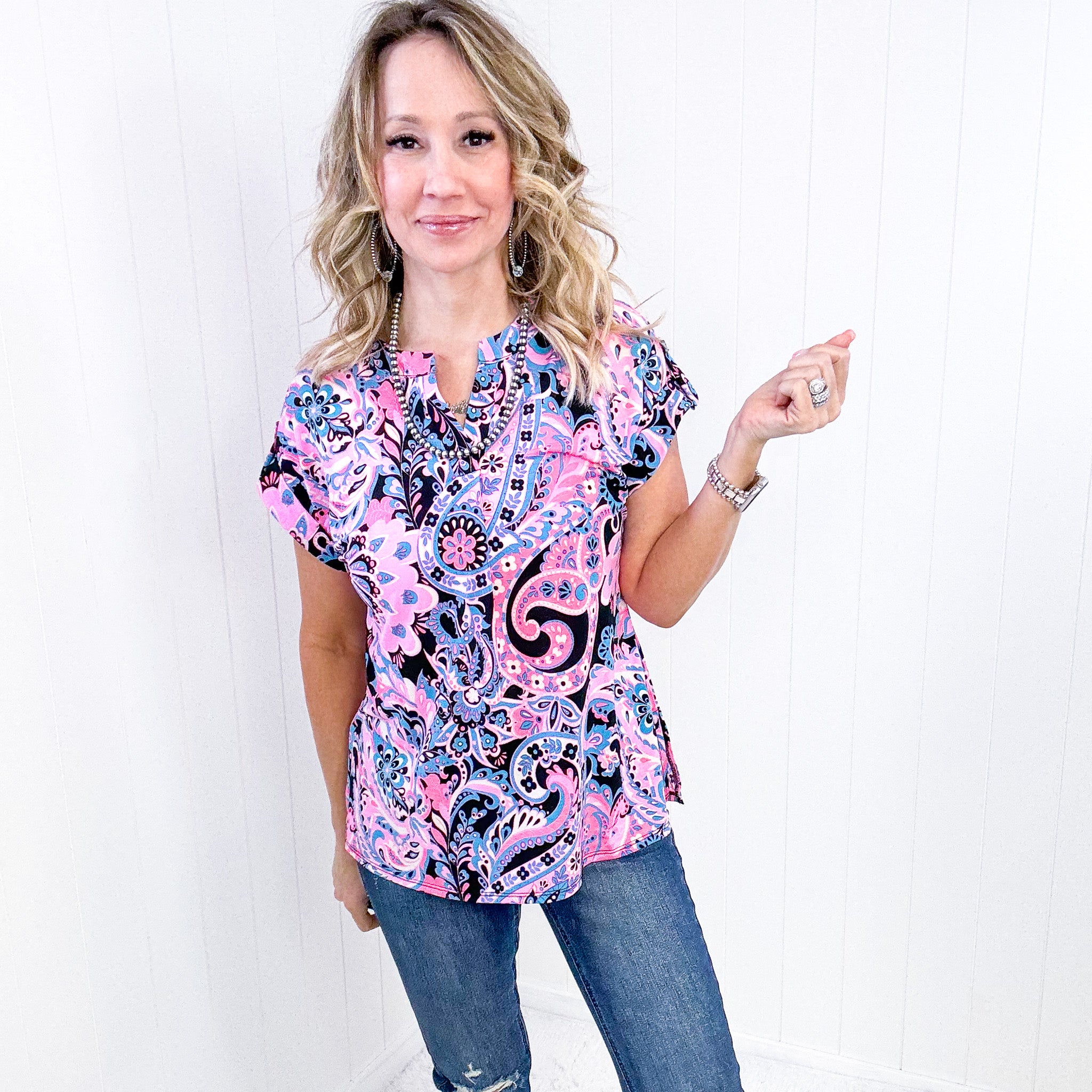 Dear Scarlett Lizzy Cap Sleeve Top in Pink and Black Paisley