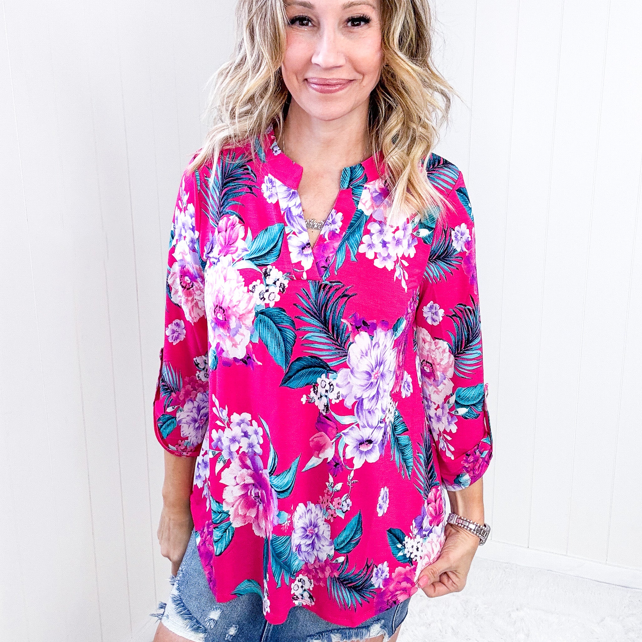 Dear Scarlett Lizzy Top in Magenta and Teal Tropical Floral