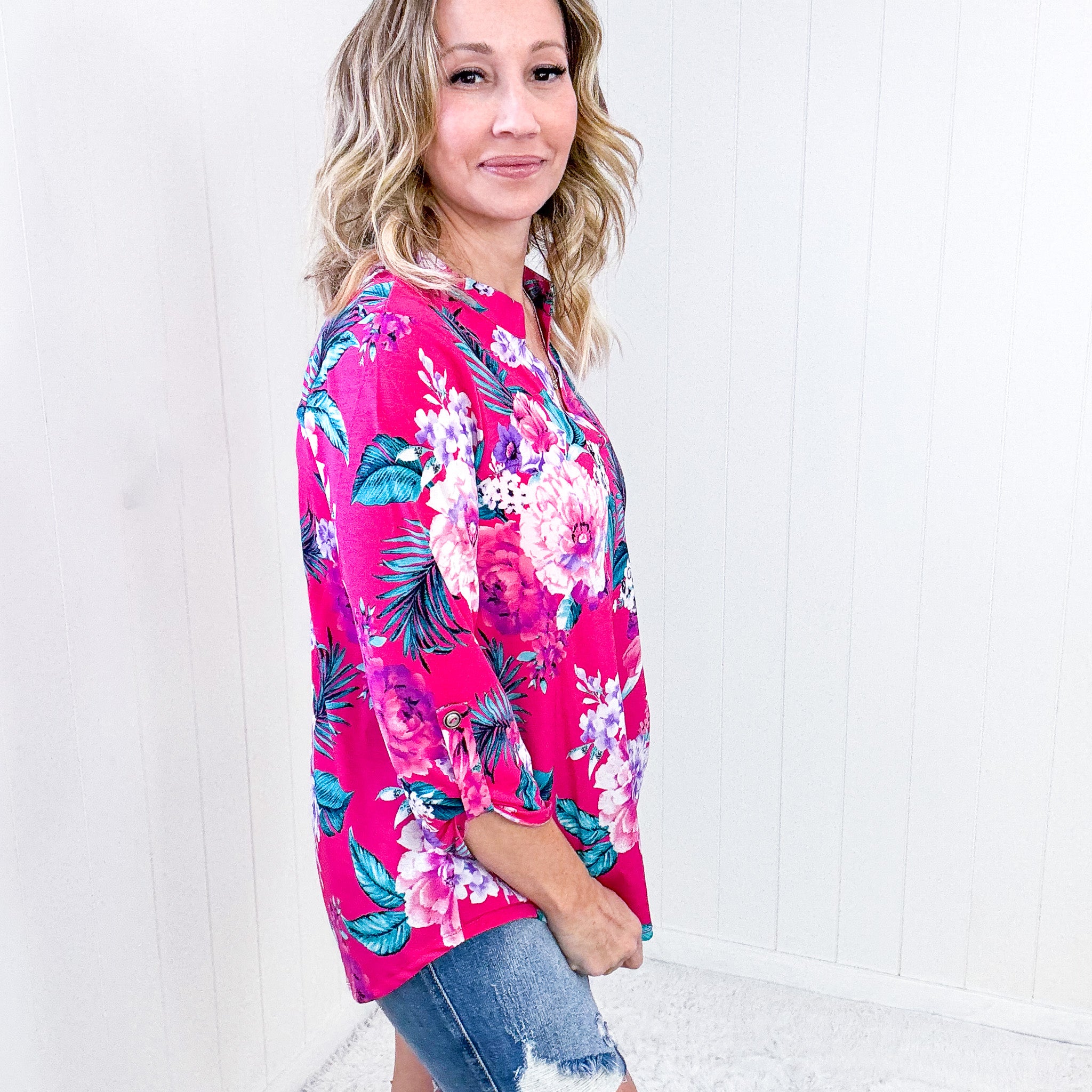 Dear Scarlett Lizzy Top in Magenta and Teal Tropical Floral