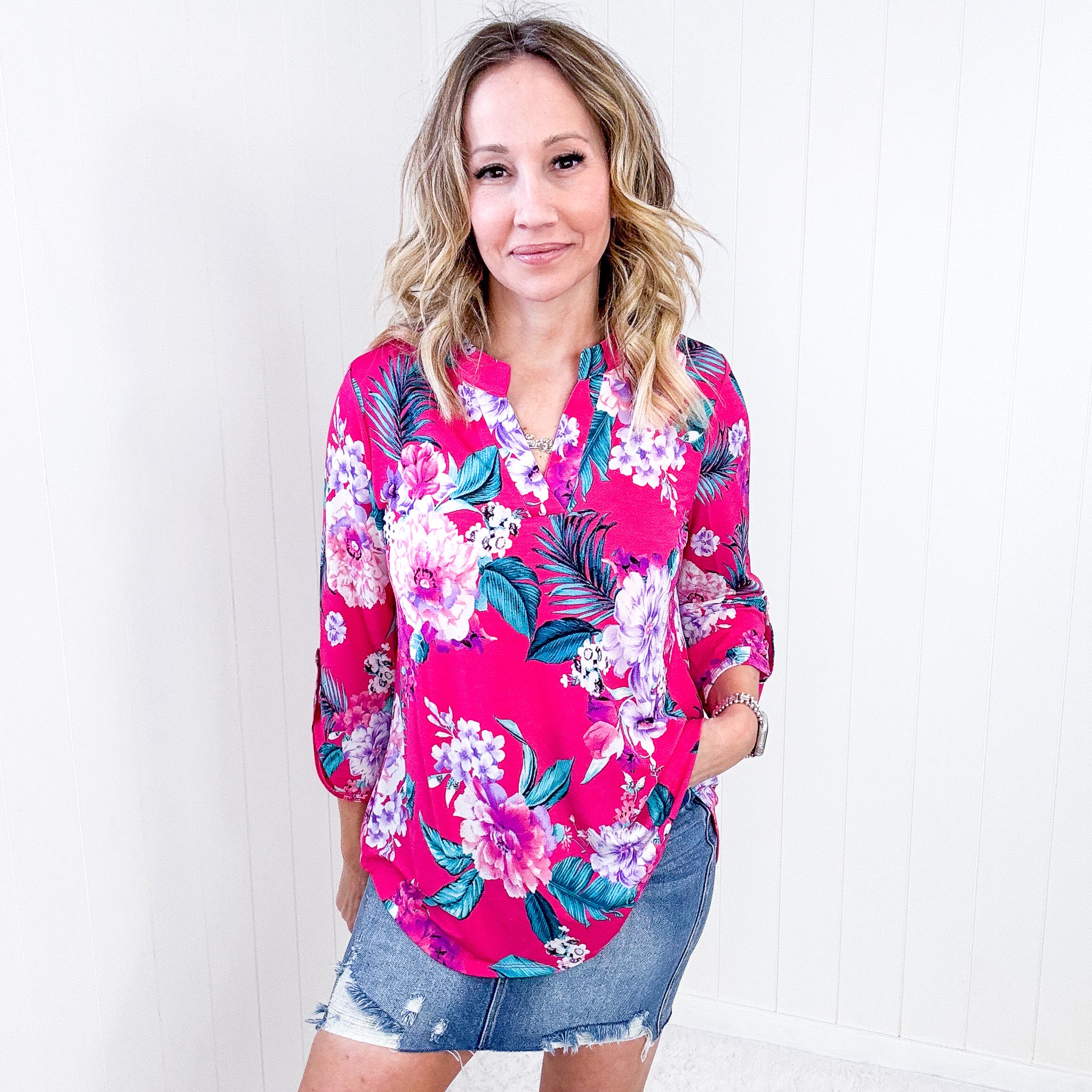 Dear Scarlett Lizzy Top in Magenta and Teal Tropical Floral