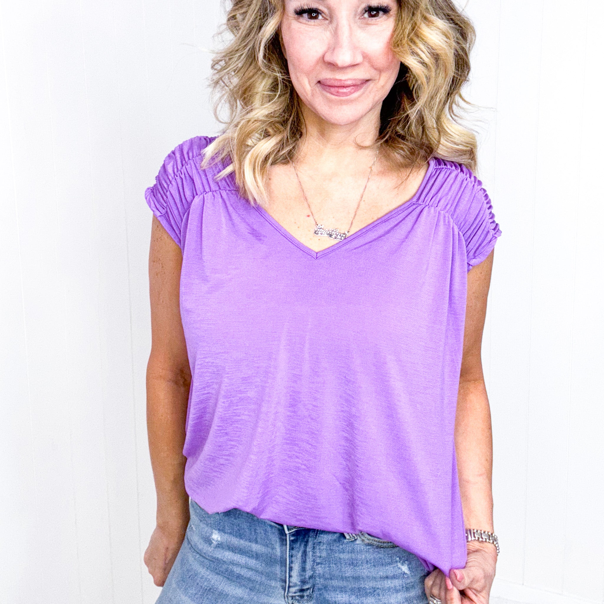 Dear Scarlett Ruched Cap Sleeve Top in Lavender