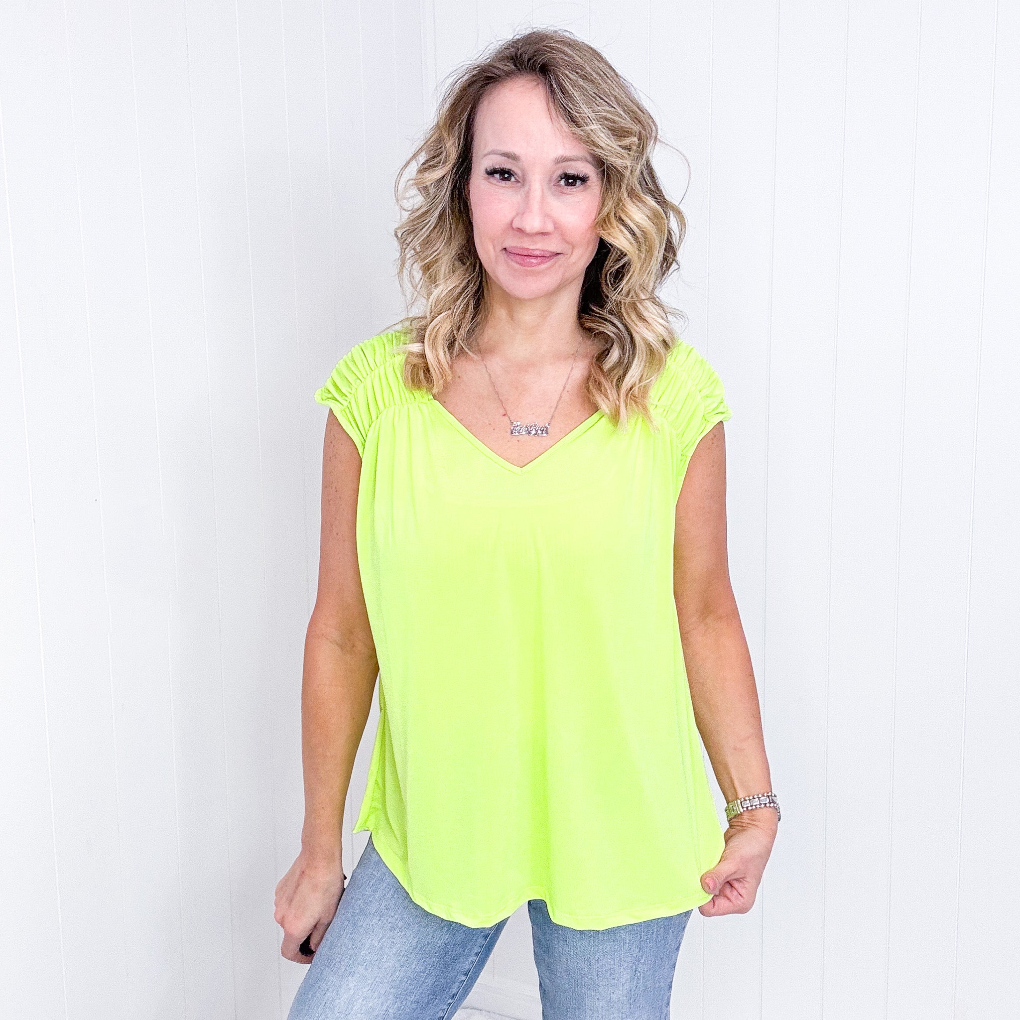 Dear Scarlett Ruched Cap Sleeve Top in Neon Green