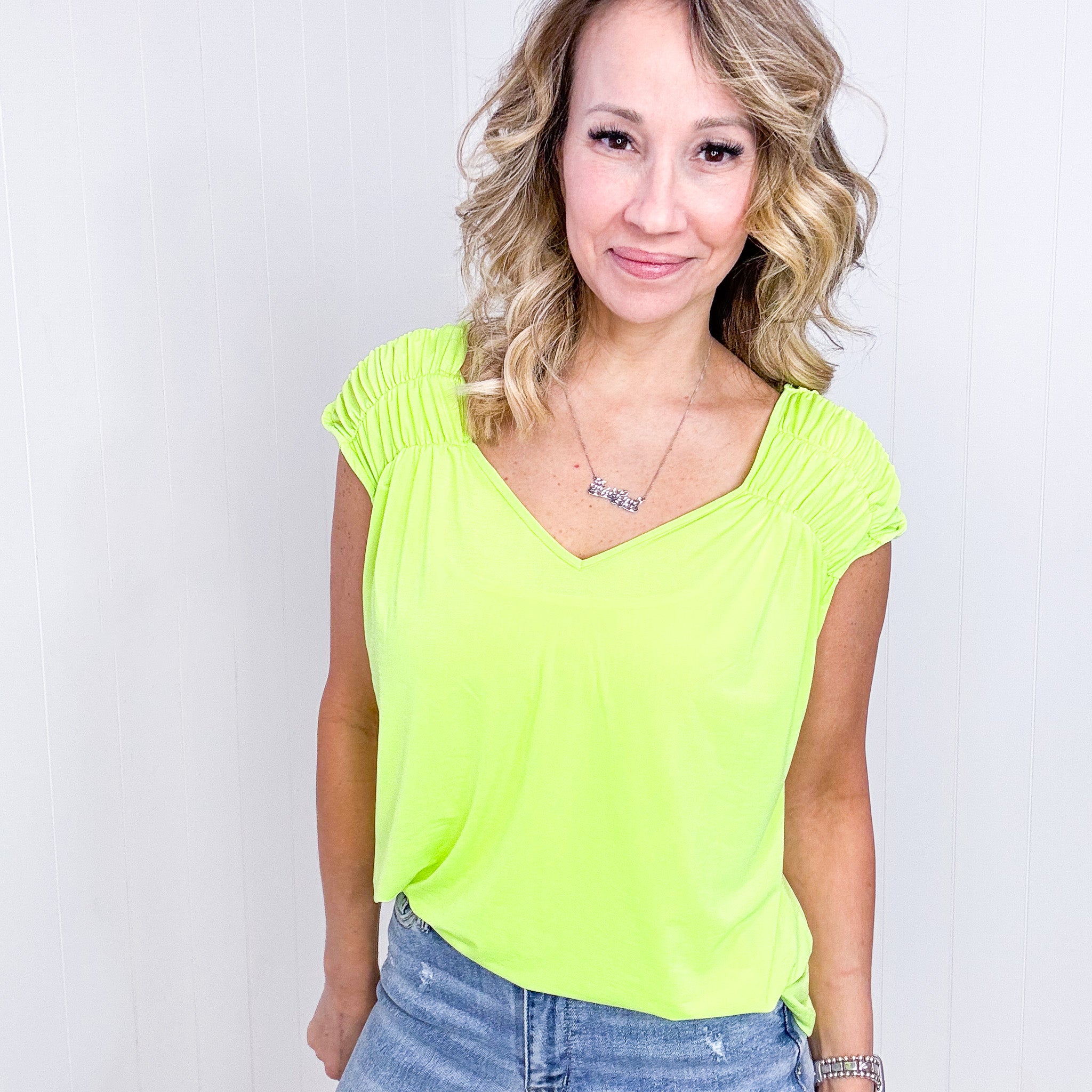 Dear Scarlett Ruched Cap Sleeve Top in Neon Green