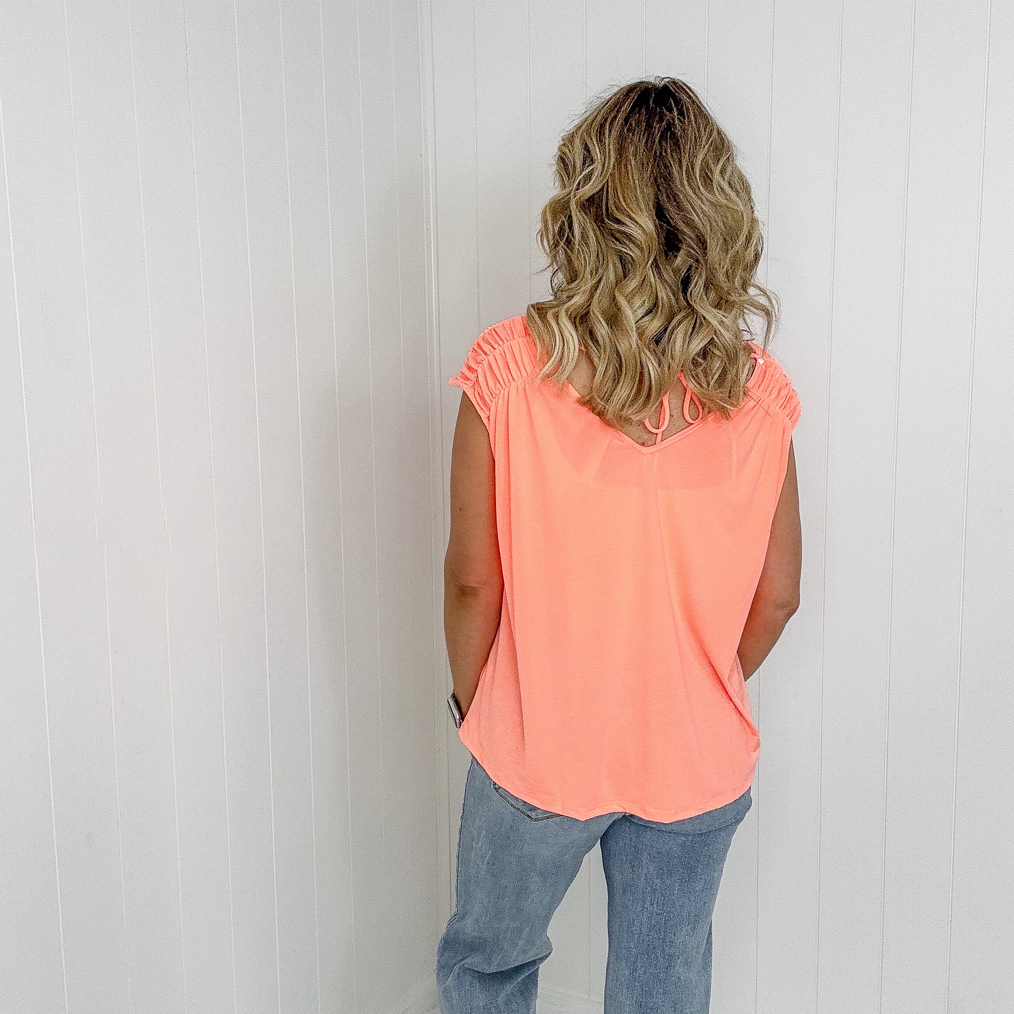 Dear Scarlett Ruched Cap Sleeve Top in Neon Orange