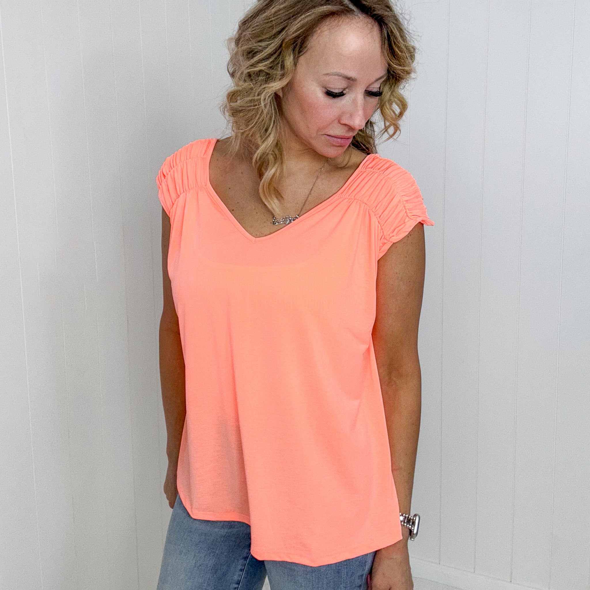 Dear Scarlett Ruched Cap Sleeve Top in Neon Orange