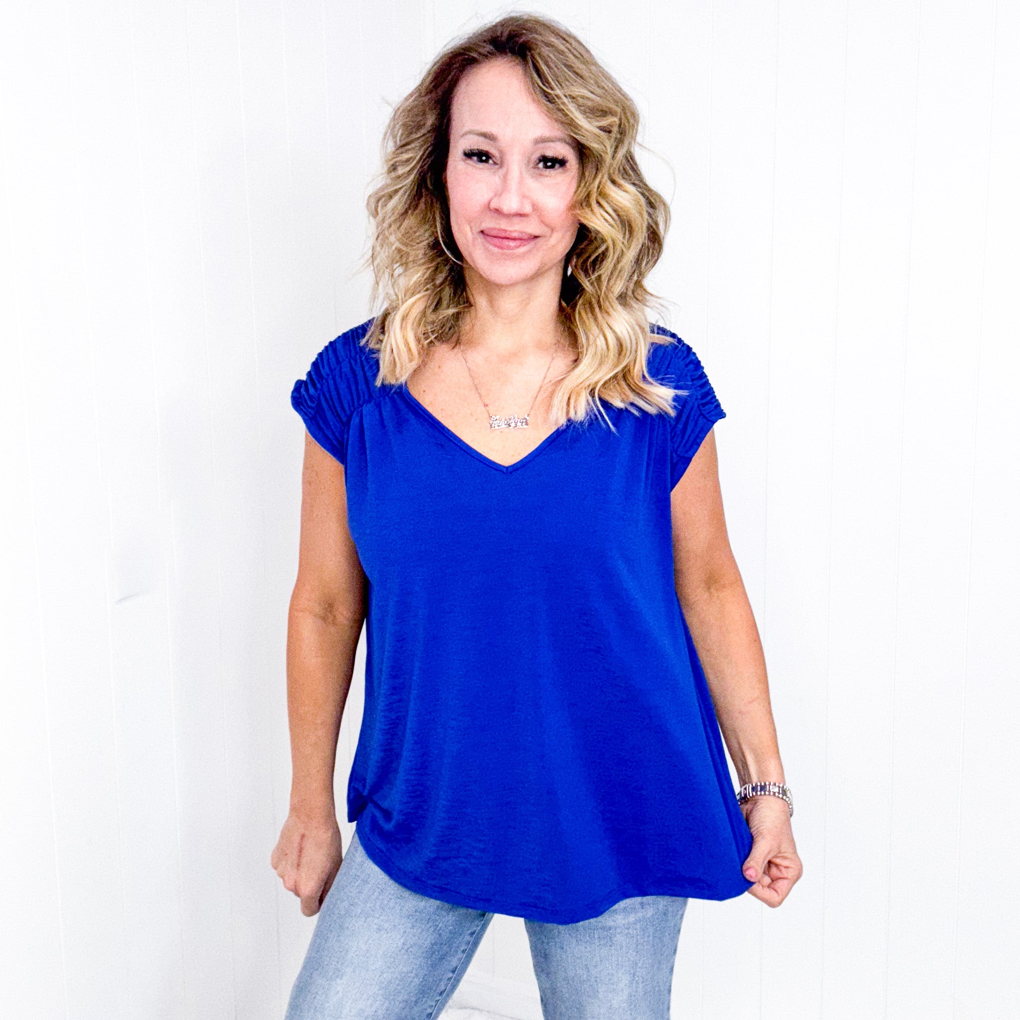 Dear Scarlett Ruched Cap Sleeve Top in Royal Blue