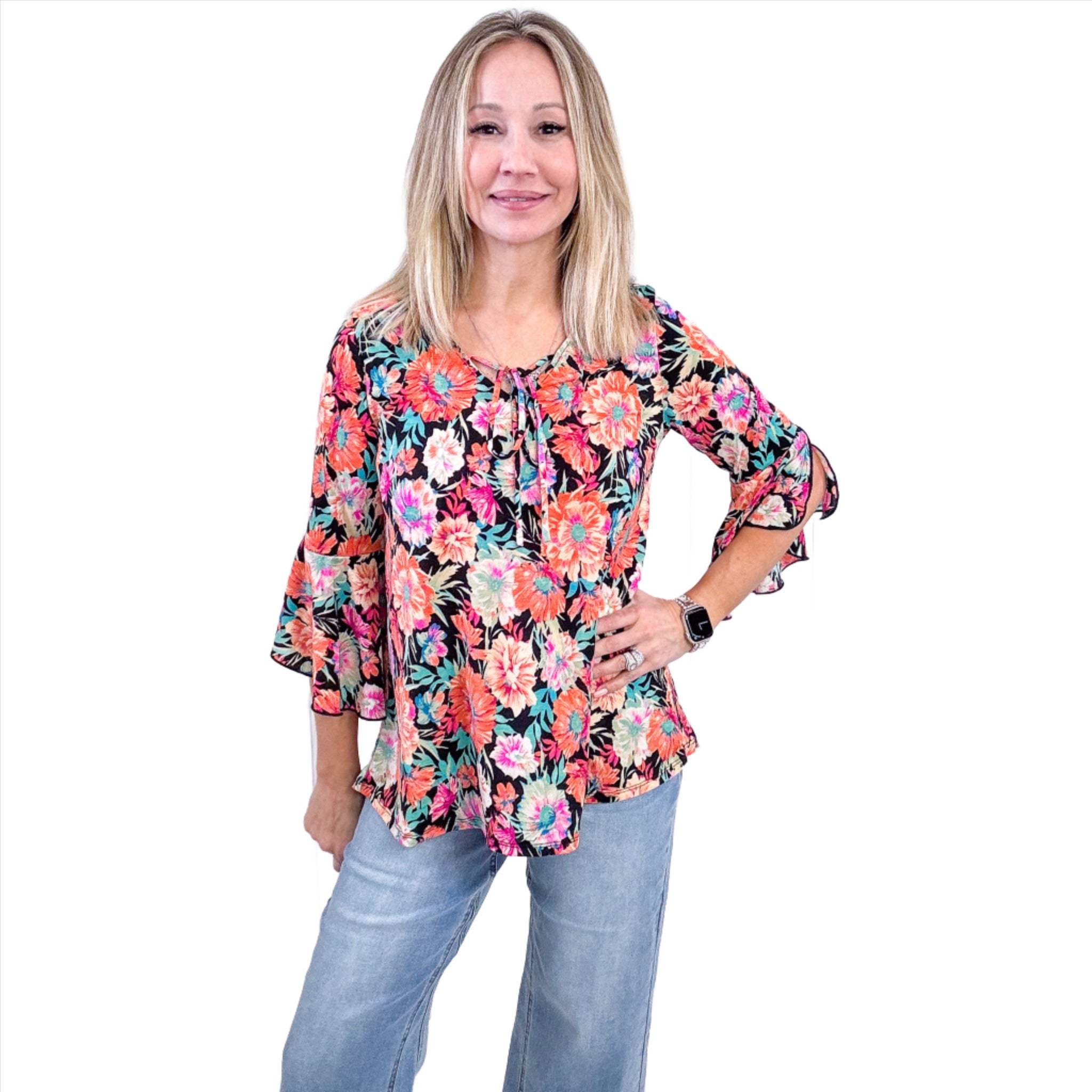 Dear Scarlett Willow Bell Sleeve Top in Black and Persimmon Floral