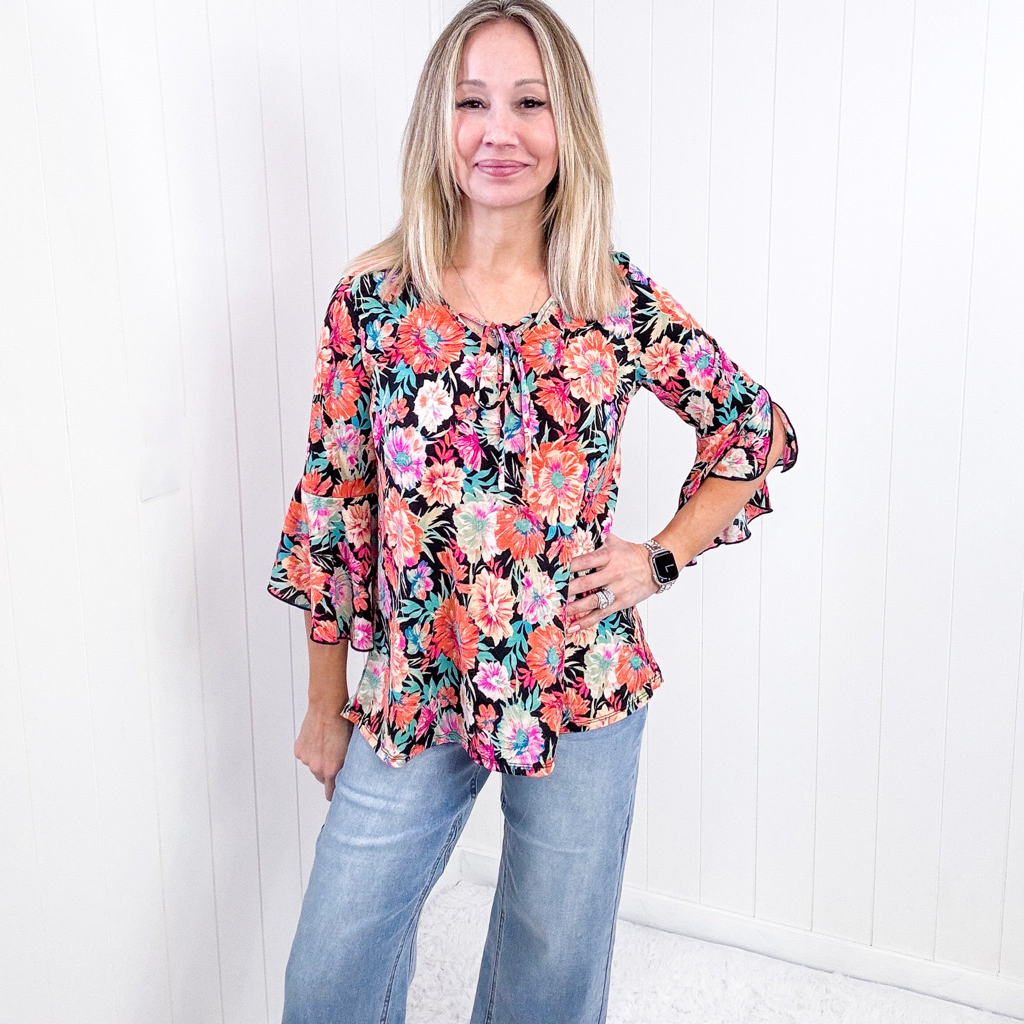 Dear Scarlett Willow Bell Sleeve Top in Black and Persimmon Floral