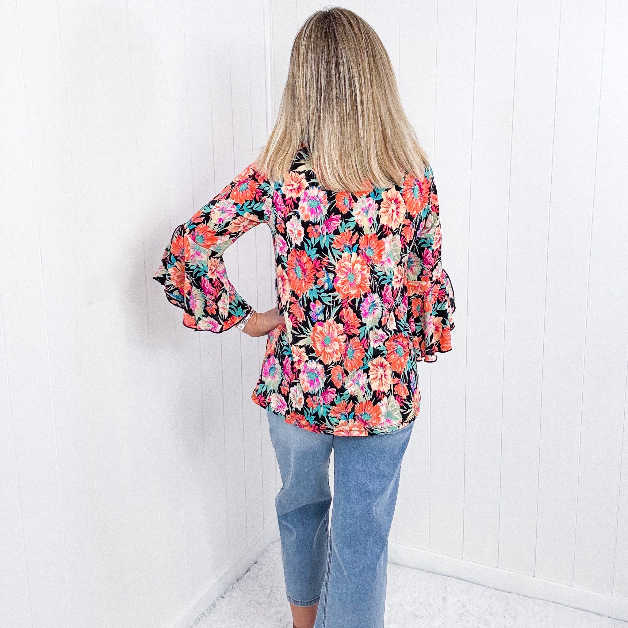 Dear Scarlett Willow Bell Sleeve Top in Black and Persimmon Floral