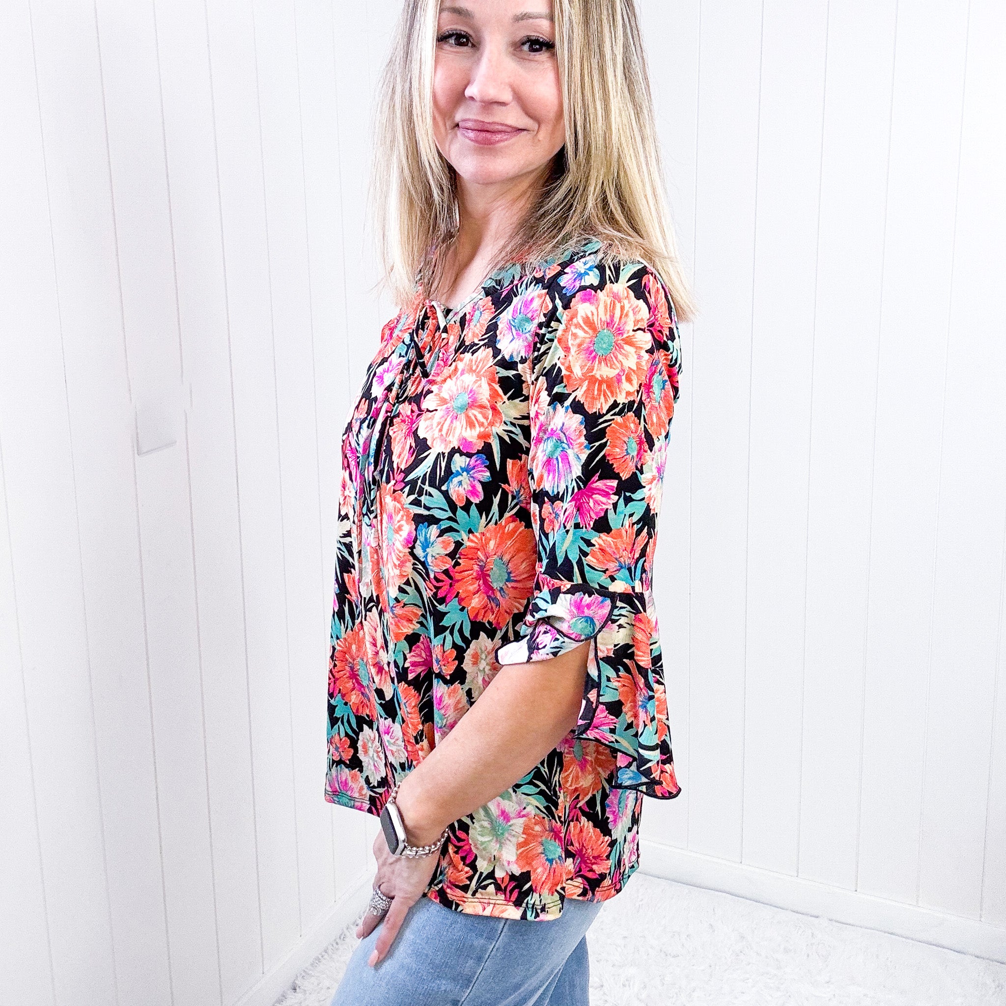 Dear Scarlett Willow Bell Sleeve Top in Black and Persimmon Floral