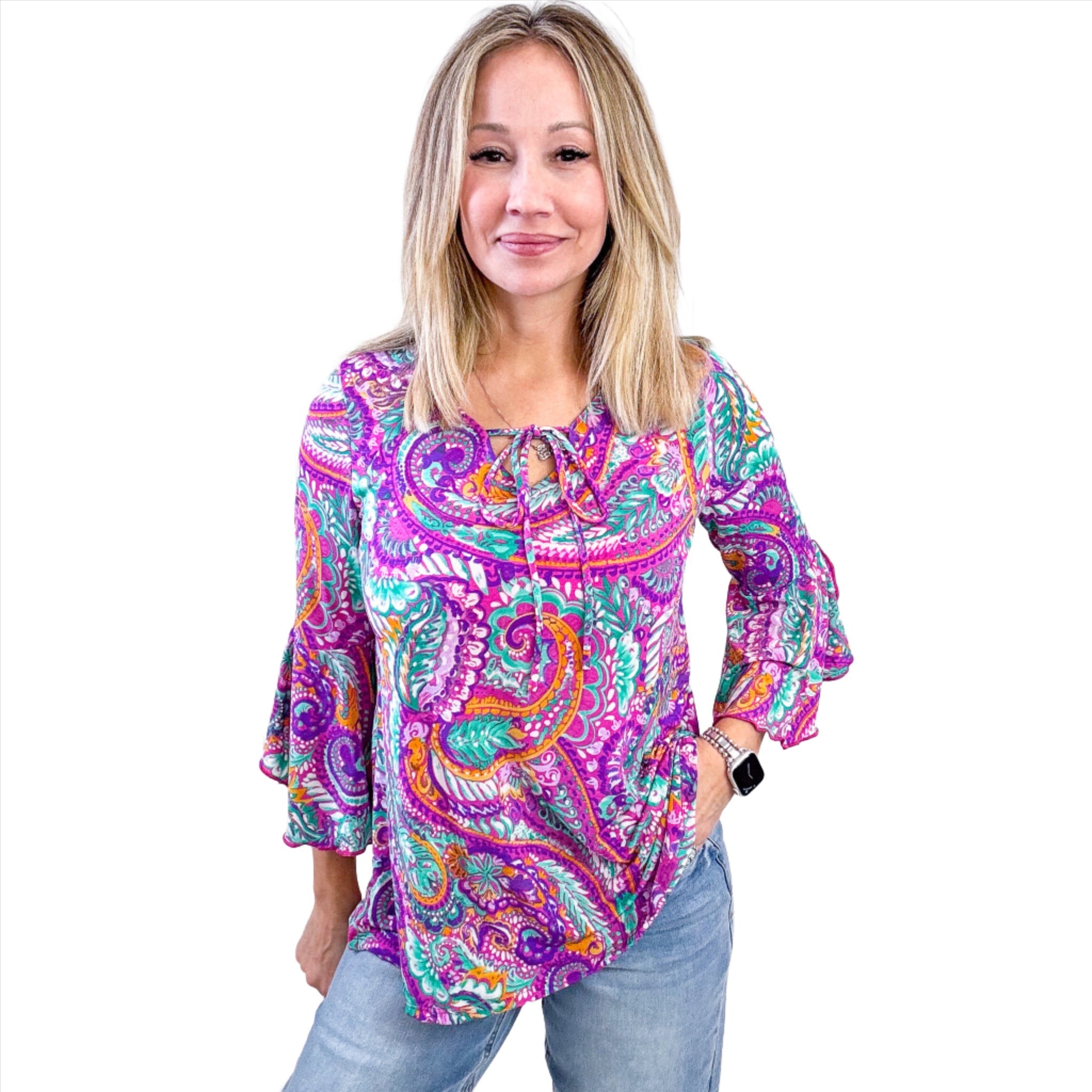 Dear Scarlett Willow Bell Sleeve Top in Lavender Mint Paisley