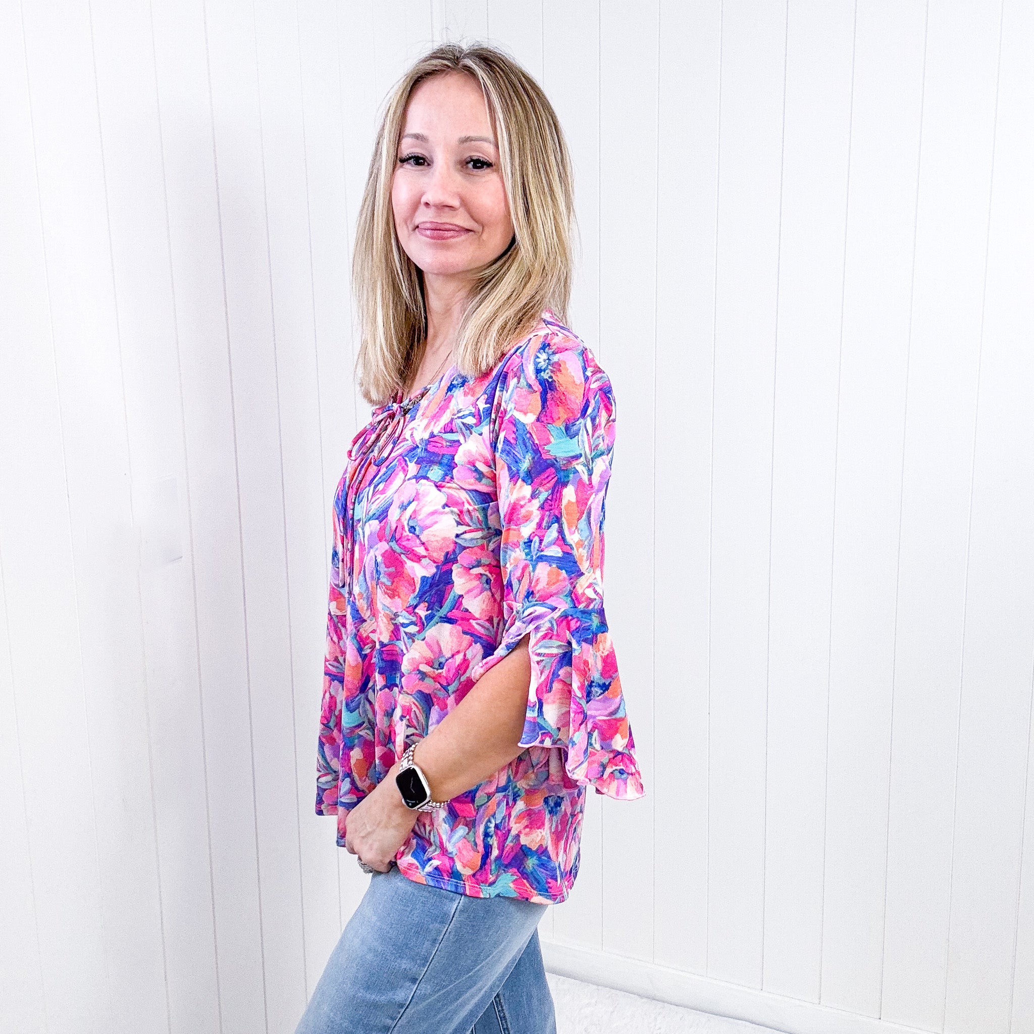 Dear Scarlett Willow Bell Sleeve Top in Royal Brushed Floral