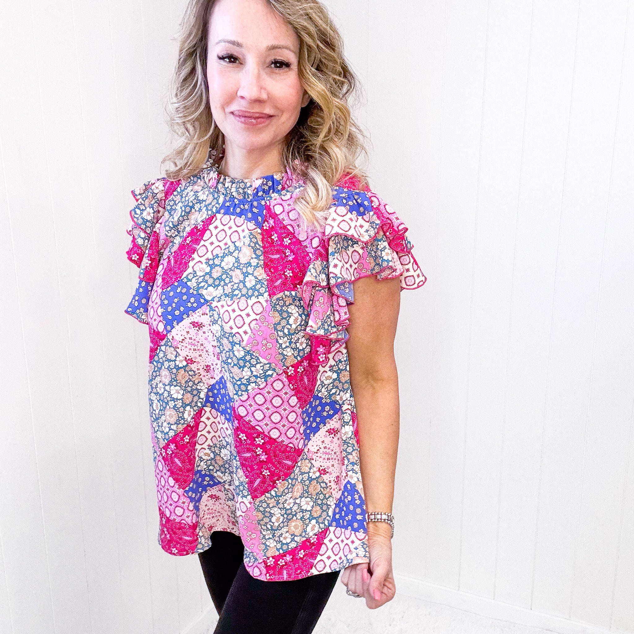 Feeling Bold Fuchsia Patchwork Mock Neck Flutter Sleeve Blouse