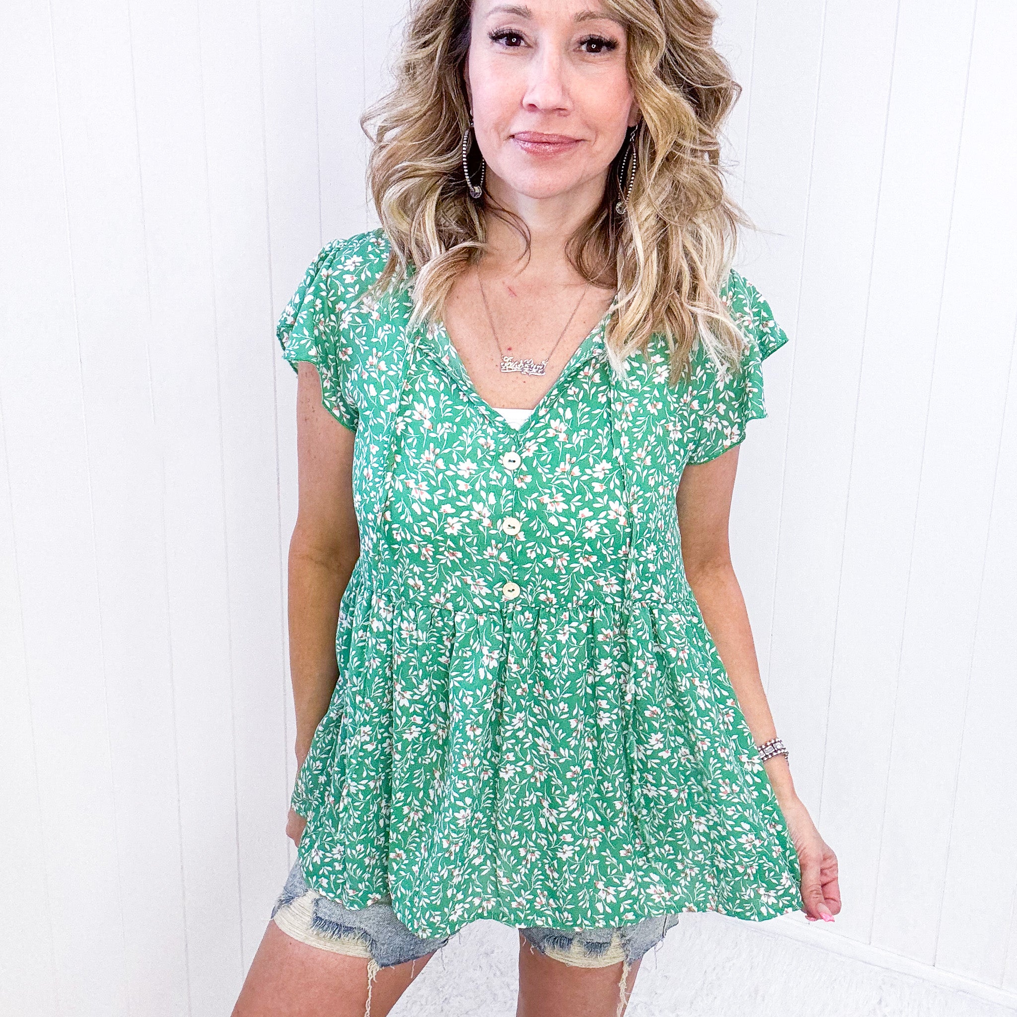 Flirty and Thriving Floral Flutter Sleeve Top in Green