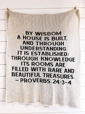 Made in the USA | Recycled Cotton Blend Proverbs 24:3-4 Block Lettering Throw Blanket | Natural