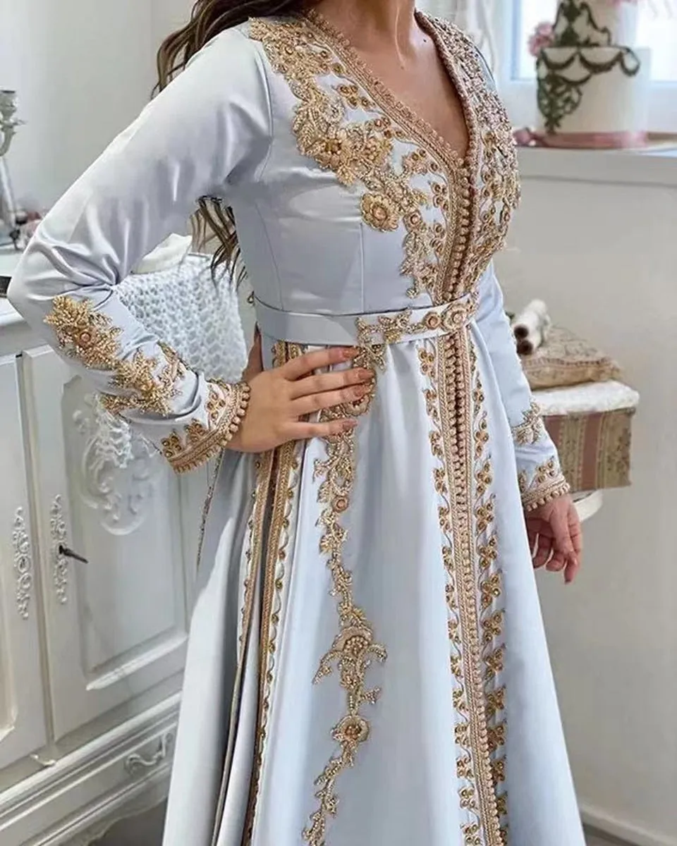 Moroccan Kaftan Evening Dresses Lace Appliques Long Sleeves