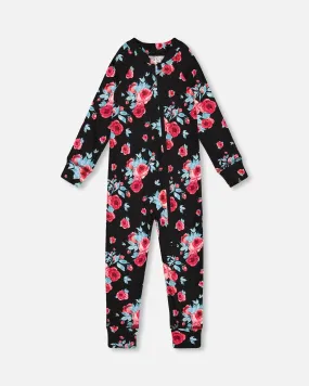 One Piece Thermal Underwear Black Printed Roses