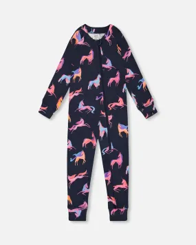 One Piece Thermal Underwear Navy Printed Unicorn