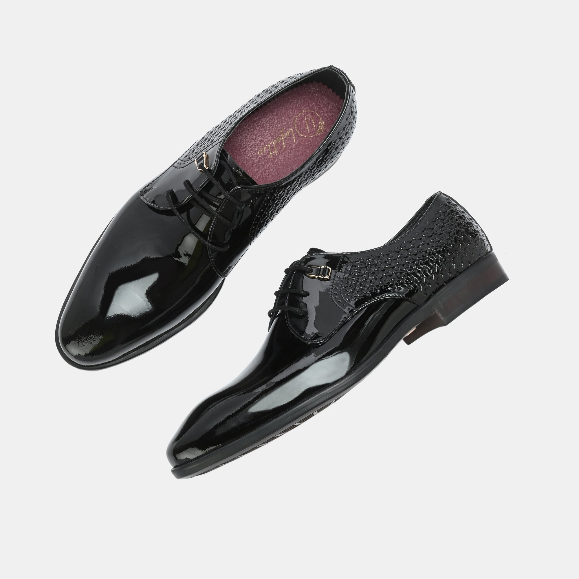 Patent Black Perforated Lace-Up Shoes by Lafattio