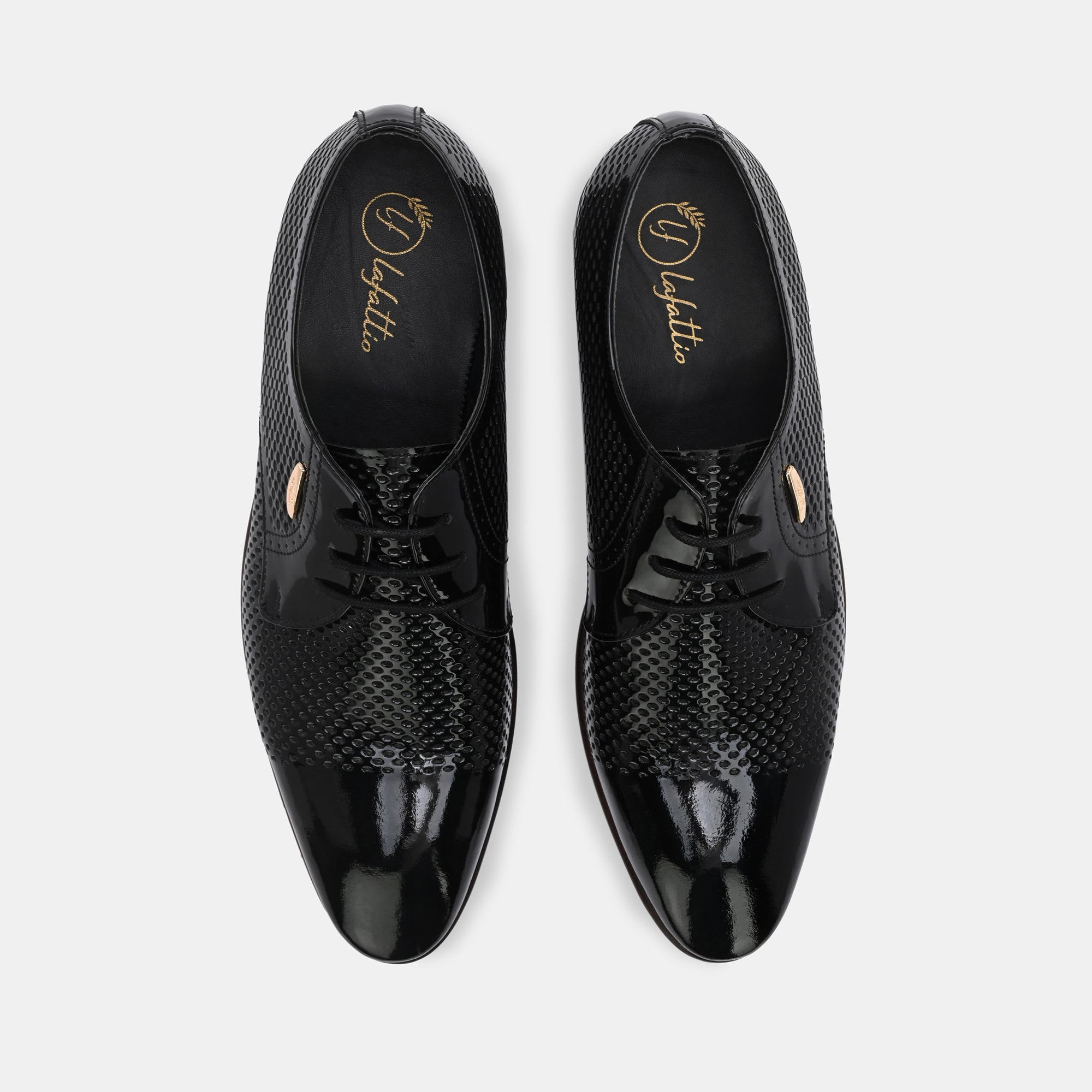 Patent Black Perforated Lace-Up Shoes by Lafattio