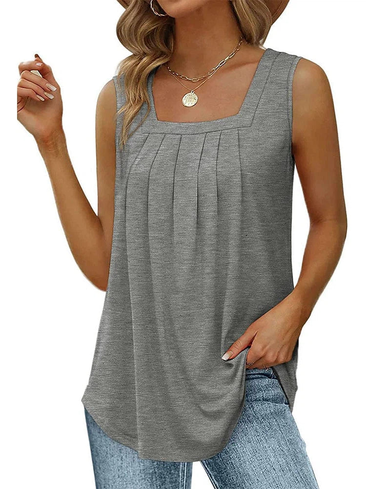 Pleated Square Neck Tank Top in Wine Red