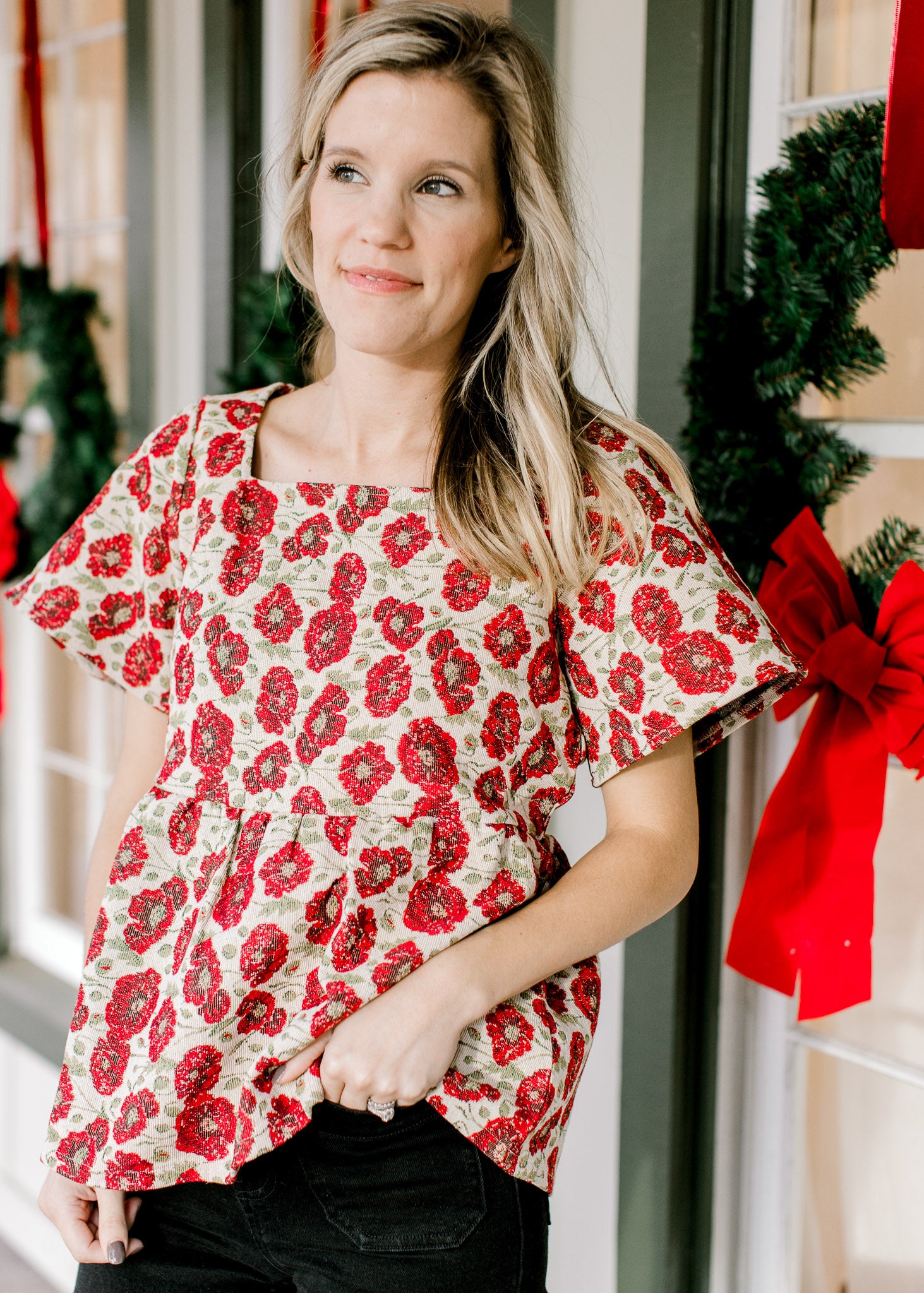 Red Flowers Brocade Top