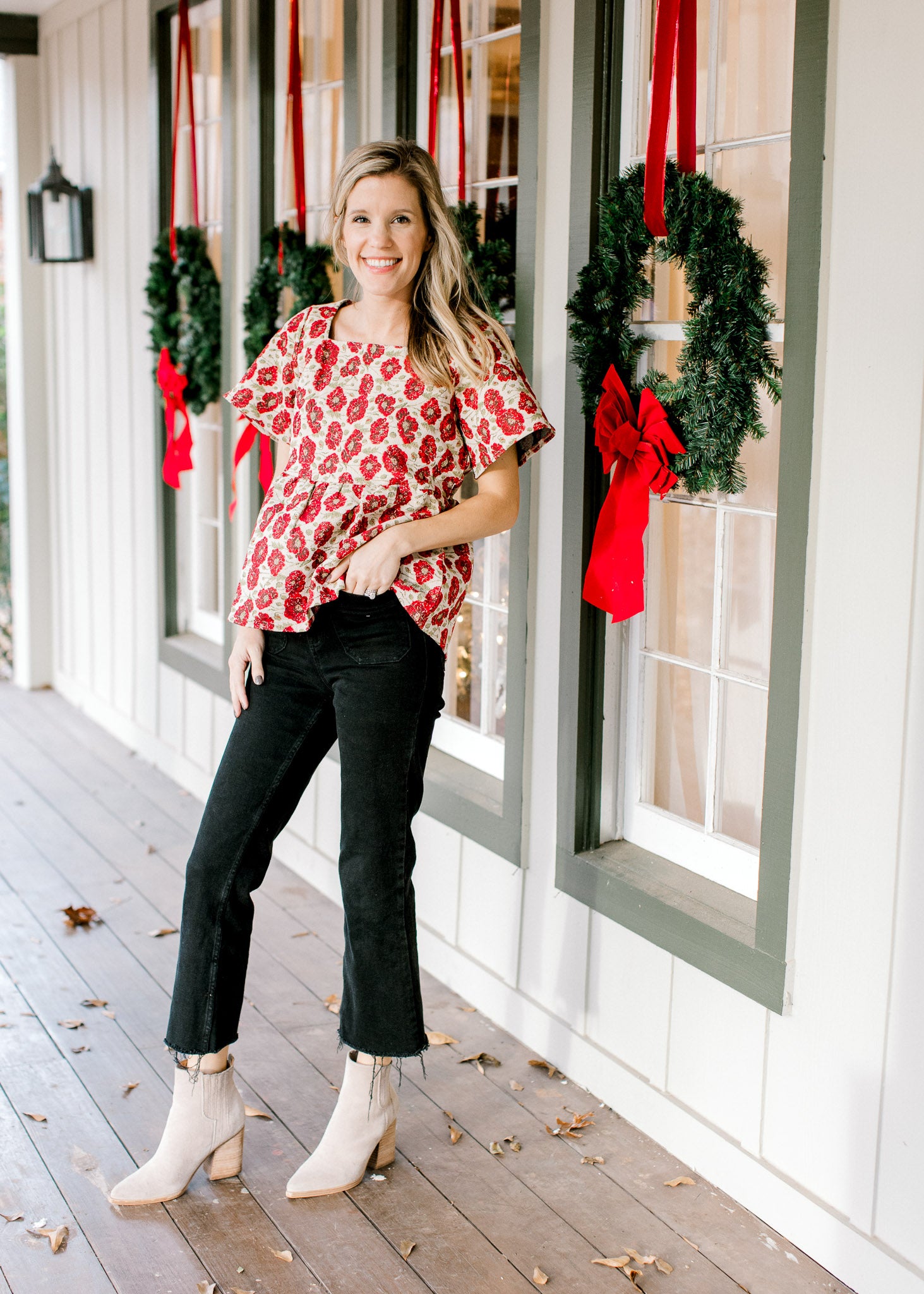 Red Flowers Brocade Top