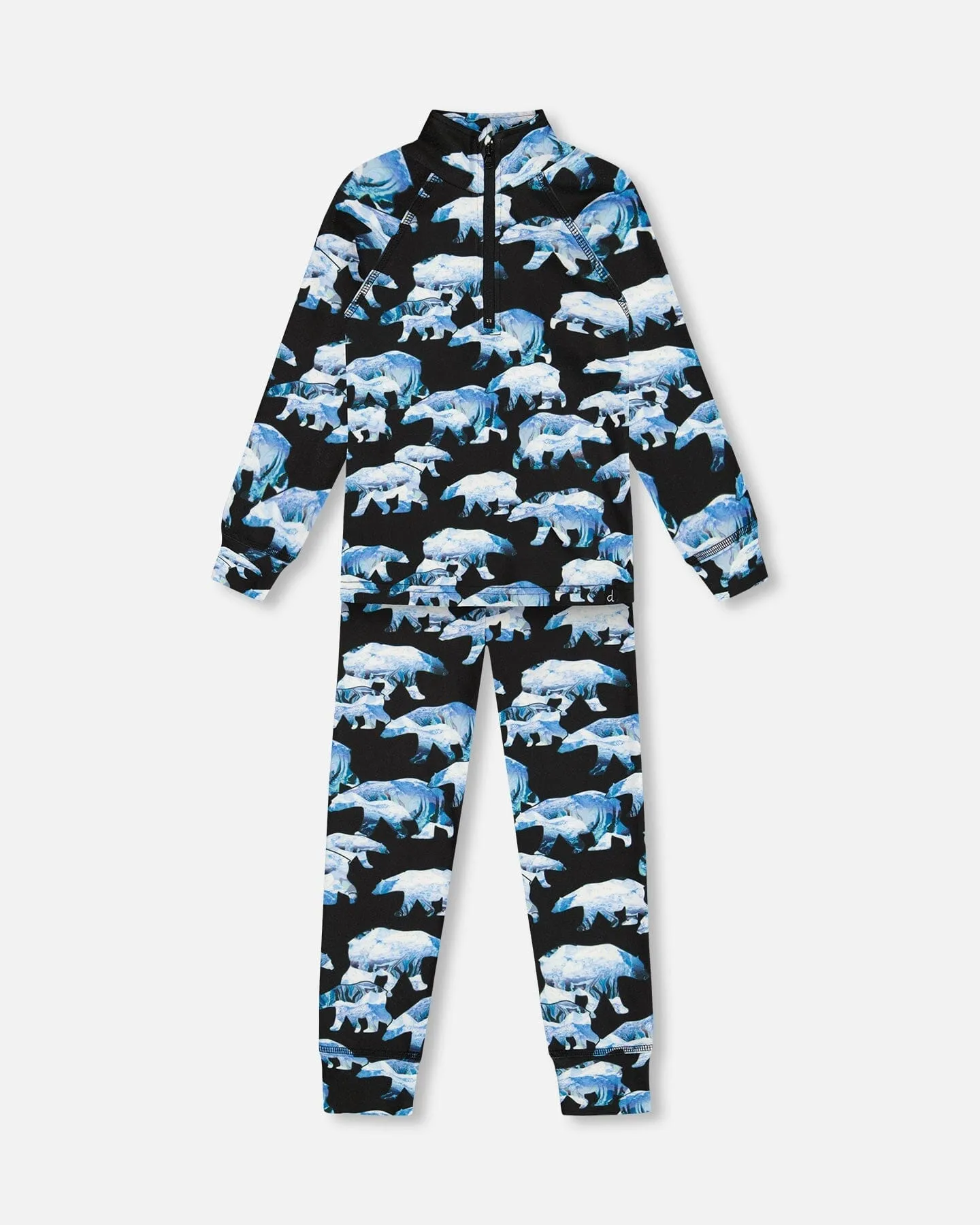 Two Piece Thermal Underwear Set Black Printed Polar Bears