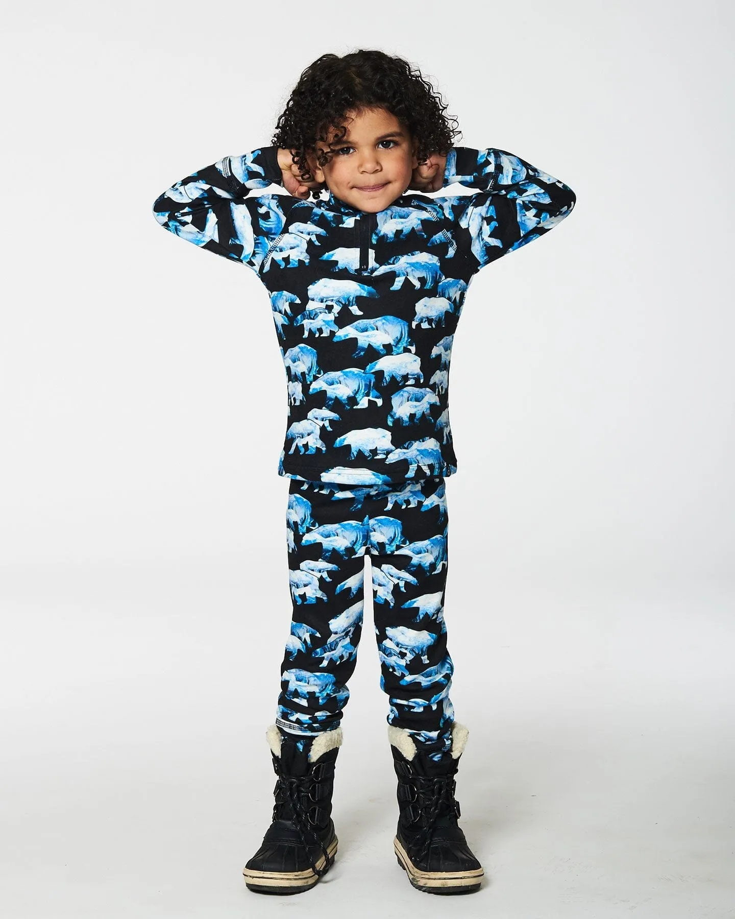 Two Piece Thermal Underwear Set Black Printed Polar Bears