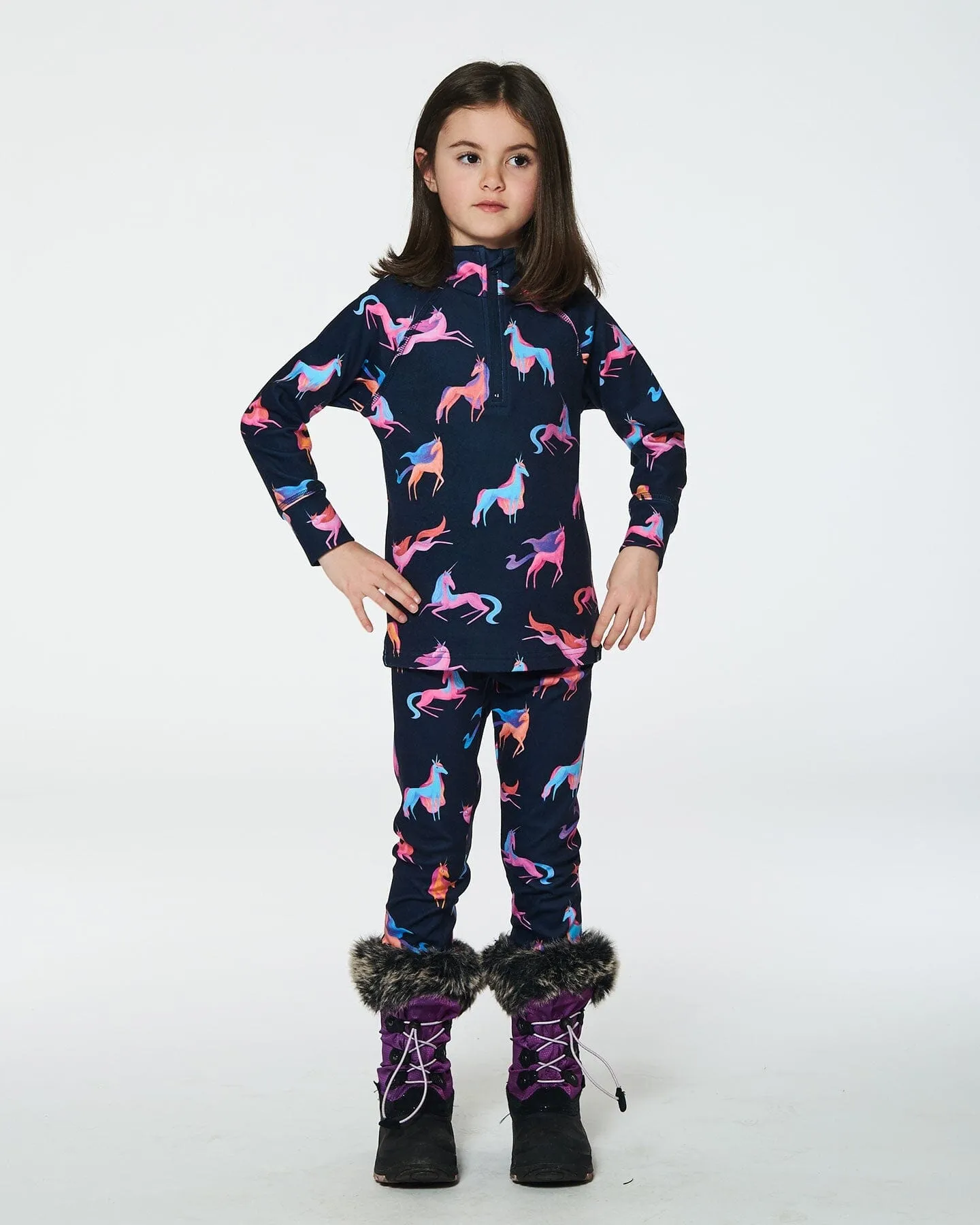 Two Piece Thermal Underwear Set Navy Printed Unicorn