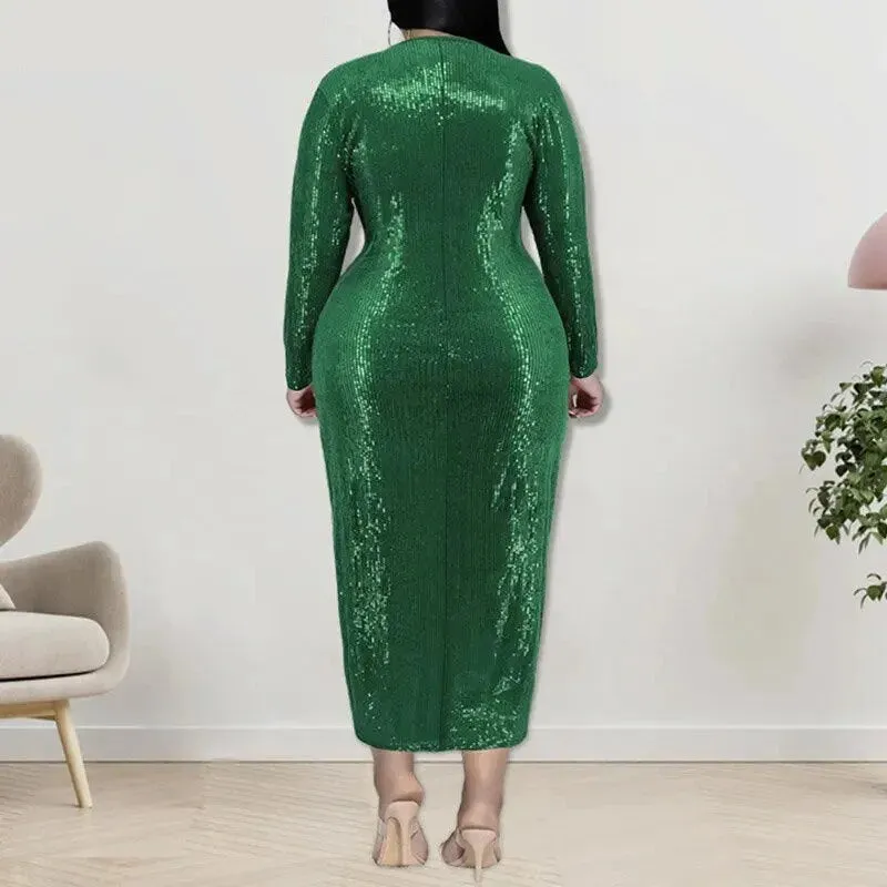 Women's V Neck Sequined Long Sleeve High Waist Split Bodycon Dress