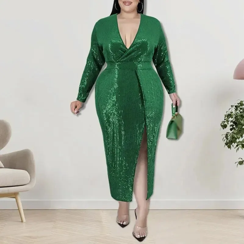 Women's V Neck Sequined Long Sleeve High Waist Split Bodycon Dress